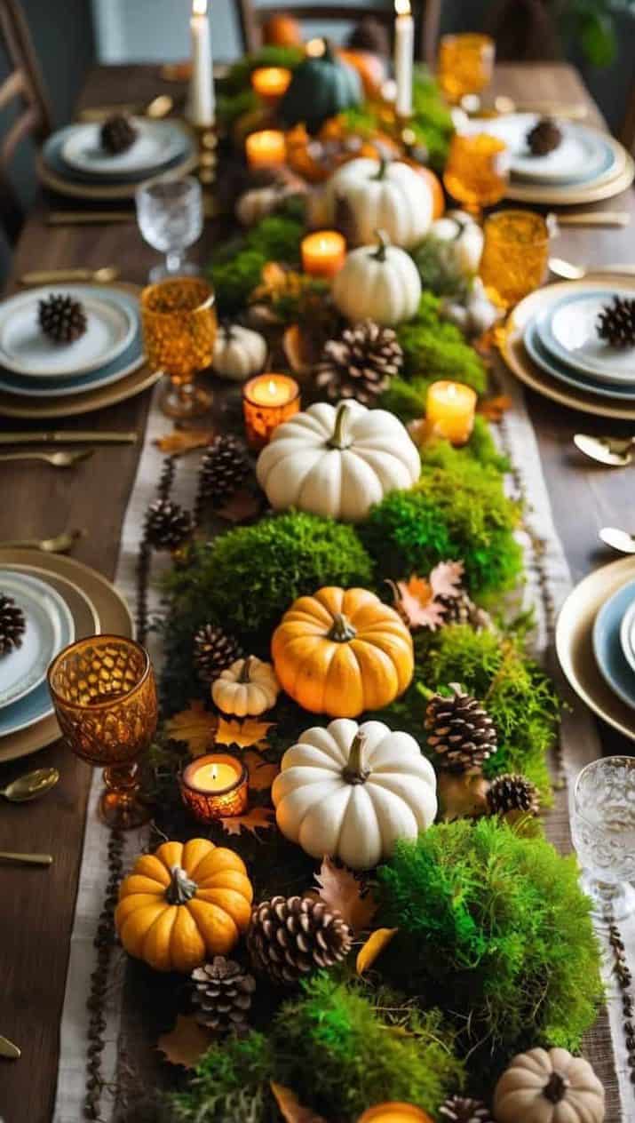 A dining table set with plates, gold utensils, and glasses, featuring a centerpiece of small pumpkins, moss, pinecones, autumn leaves, and lit candles.