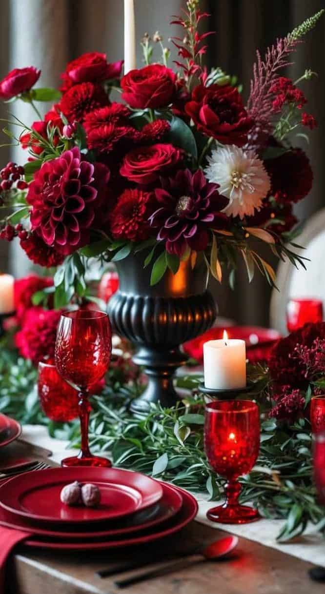 A dining table set with red plates, red glassware, and candles, featuring a large centerpiece of red and white flowers with greenery.