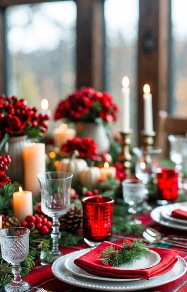 A festive dining table with a red plaid tablecloth, white plates with red napkins, pine sprigs, candles, and holiday decorations in a bright room.