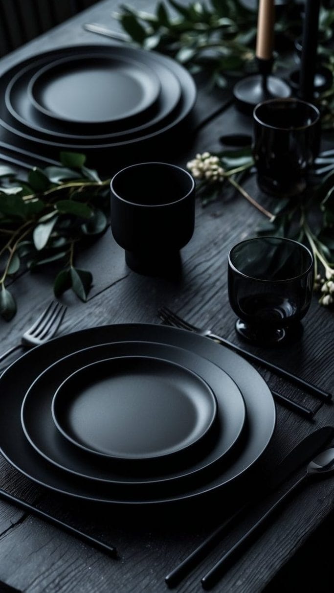 A dark wooden dining table set with matte black plates, cups, cutlery, and glassware, decorated with green foliage and lit candles.