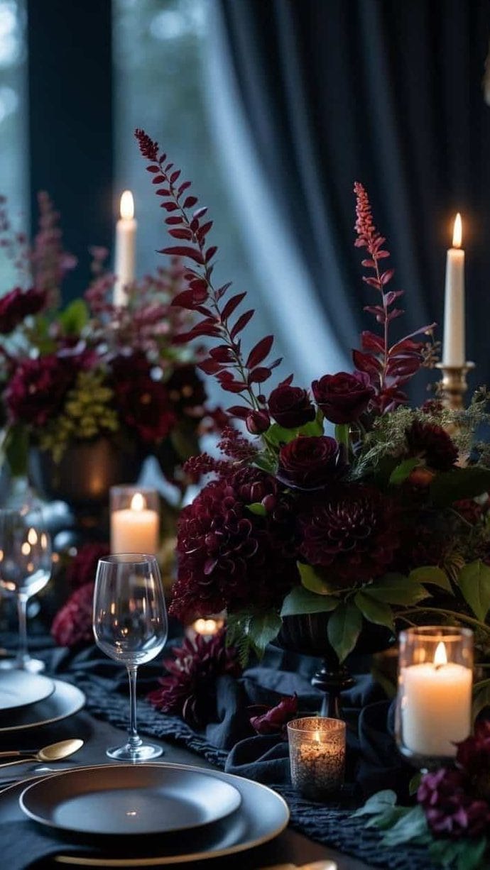 A formal dining table set with black plates, gold cutlery, wine glasses, candles, and deep red floral arrangements in a dimly lit room.