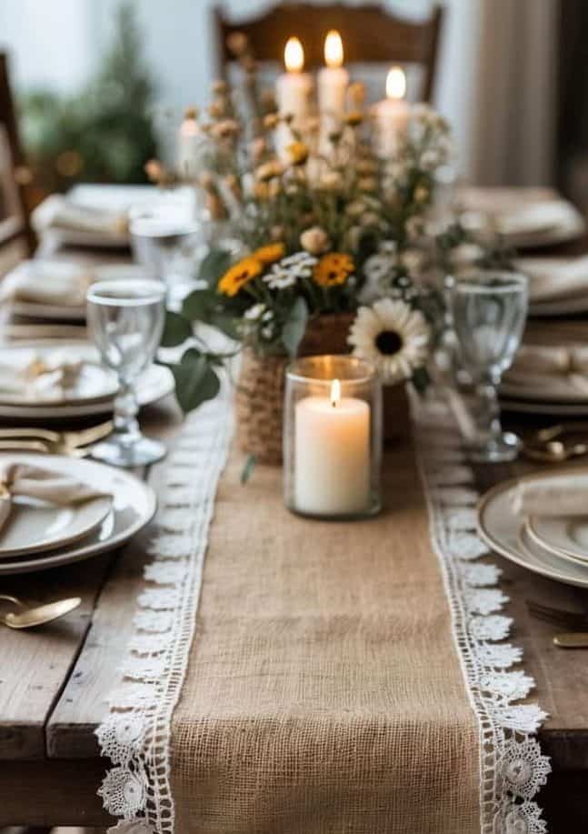 A rustic dining table set for a meal with plates, glasses, candles, flowers, and a burlap runner featuring "50th" in white letters, suggesting a 50th celebration.