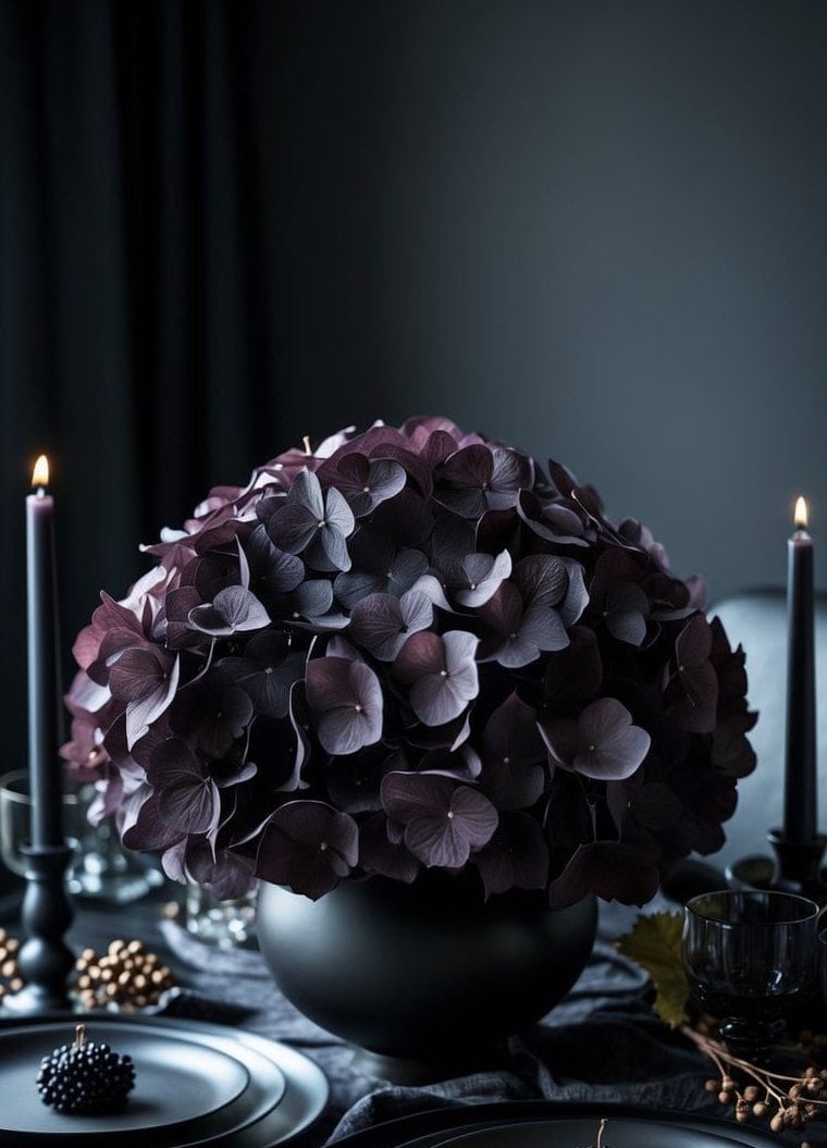 A dark, elegant table setting with black plates, black candles, and a centerpiece of deep purple hydrangeas in a round vase, accented by blackberries on the plates.