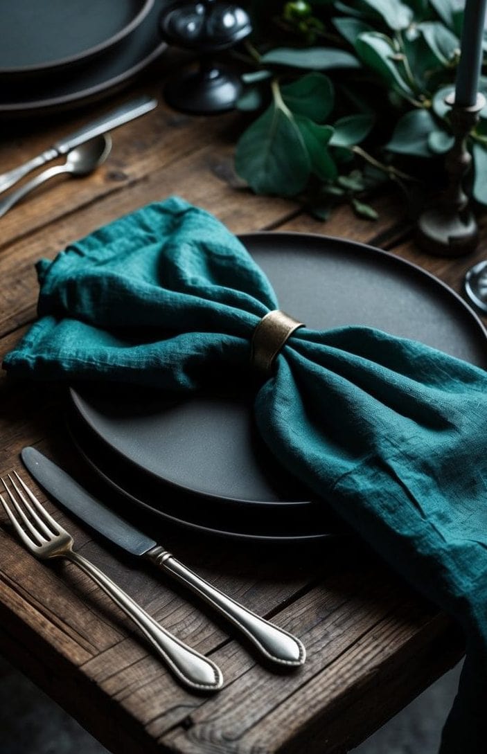 A rustic wooden table set with dark plates, silver cutlery, a teal cloth napkin in a ring, blue glassware, a lit candle, and green leafy centerpiece.