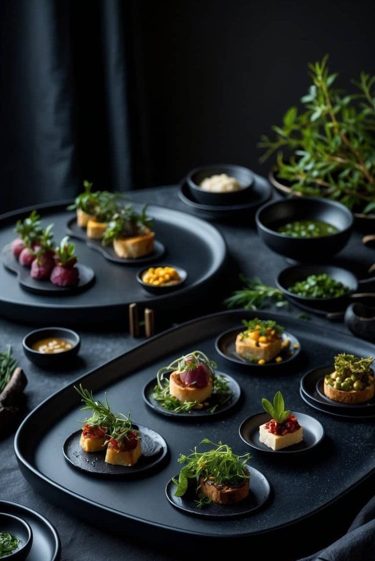 An assortment of gourmet appetizers is arranged on black trays, surrounded by small bowls of sauces and herbs, with a green plant in the background.