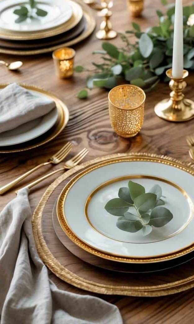 A wooden table set with gold-accented plates, gold cutlery, candles, glassware, and greenery decorations, arranged for a formal meal.