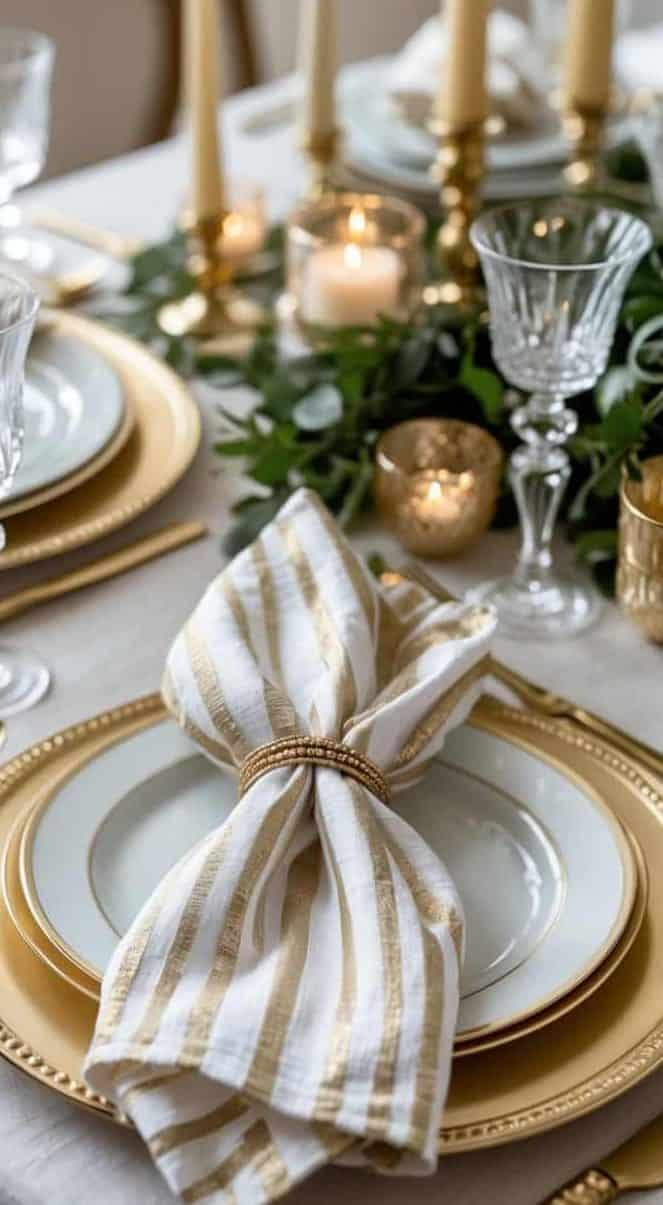 A formal dining table setting with gold-rimmed plates, striped napkin with a gold ring, crystal glassware, gold cutlery, candles, and greenery centerpiece.