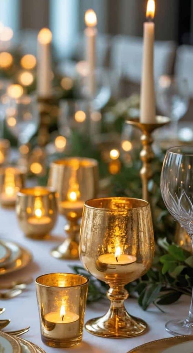 A formal dining table set with gold-rimmed plates, gold utensils, candlelit gold goblets, and greenery accents, creating a warm, elegant ambiance.