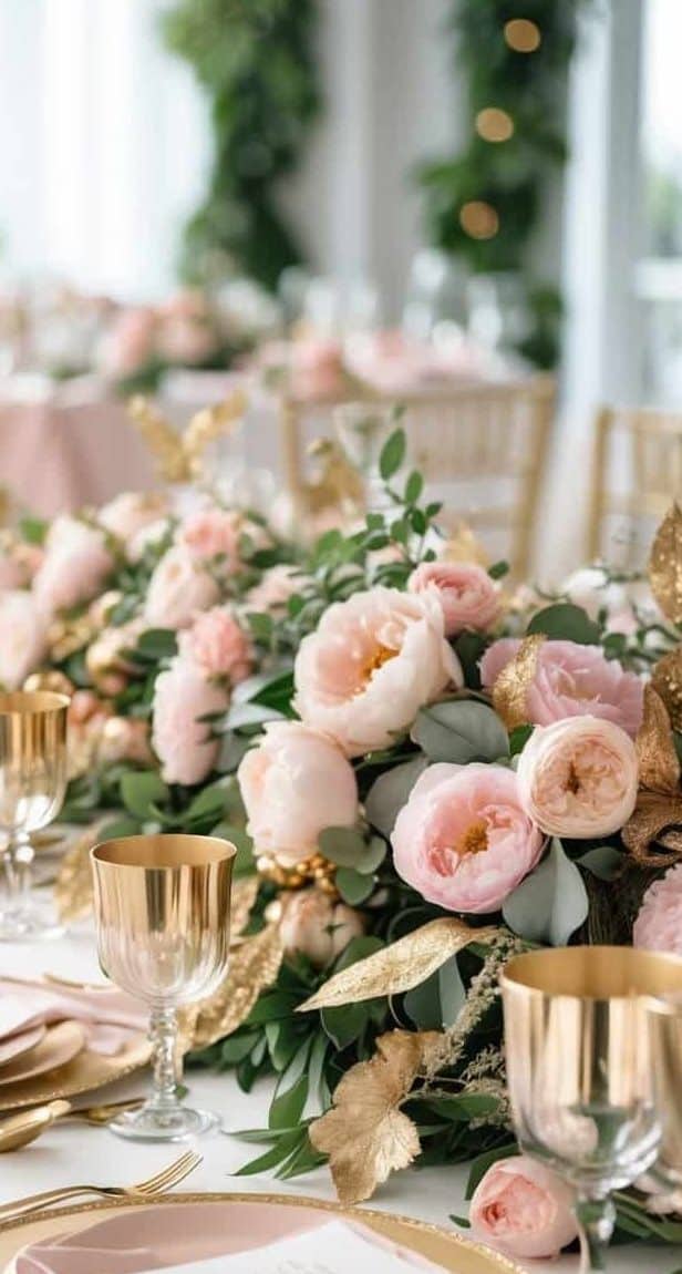 Elegant table setting with gold-rimmed glasses, gold cutlery, blush pink plates, and a floral centerpiece featuring pink and white roses with greenery and gold accents.