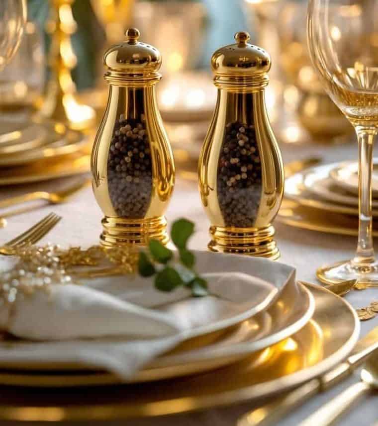 Gold pepper and salt shakers on an elegant table set with gold-rimmed plates, wine glasses, candles, and decorative greenery.