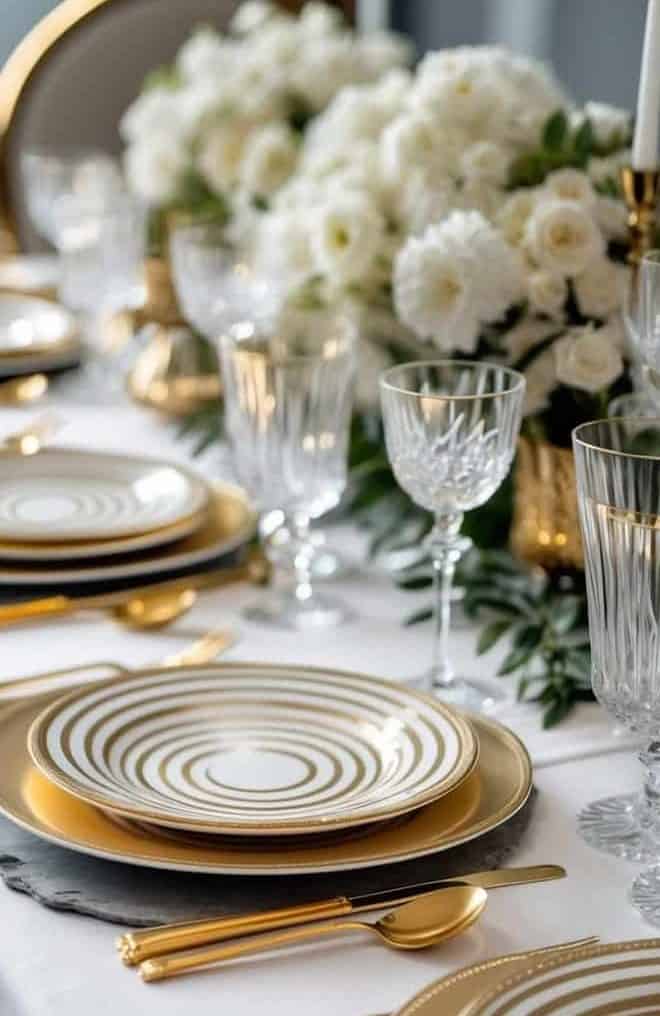 Elegant table setting with gold-rimmed plates, gold cutlery, crystal glasses, and a white floral centerpiece on a white tablecloth.