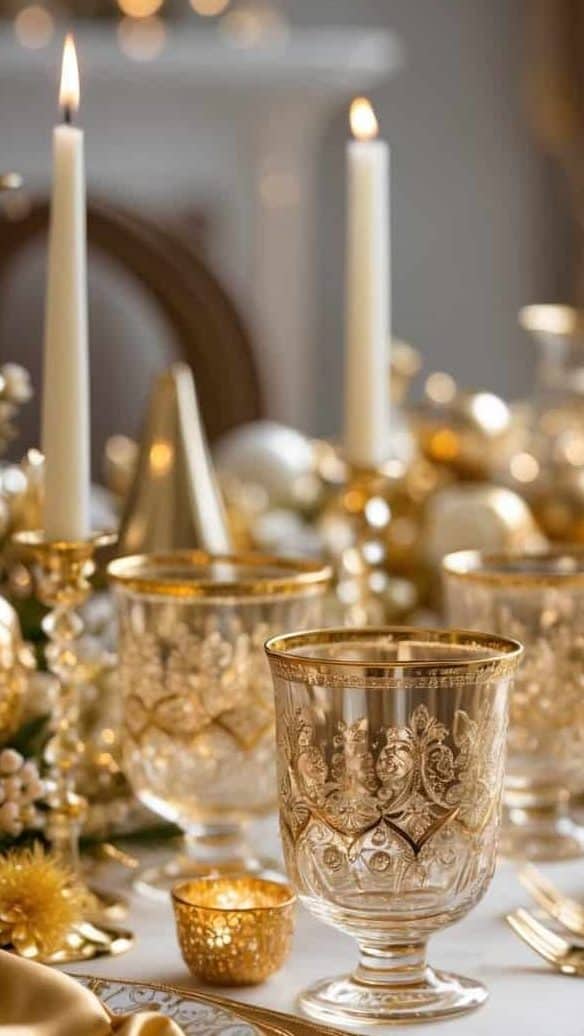 A formal dining table set with gold-accented glassware, plates, cutlery, and lit candles, arranged for an elegant occasion.