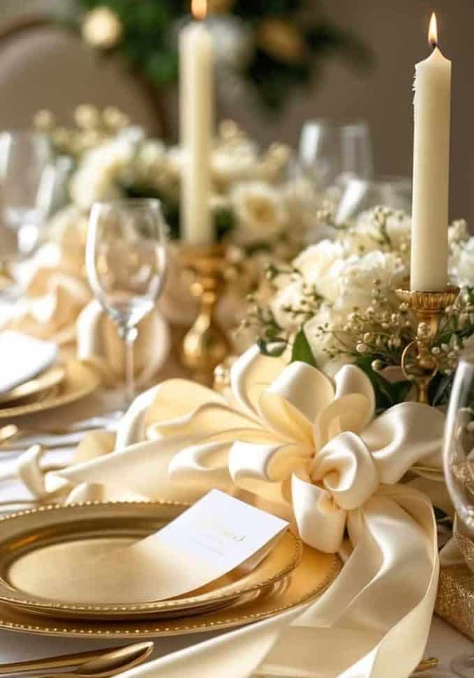 A formal table setting with gold plates, cutlery, white napkins, large ivory ribbon bows, candles, and white floral centerpieces on a white tablecloth.