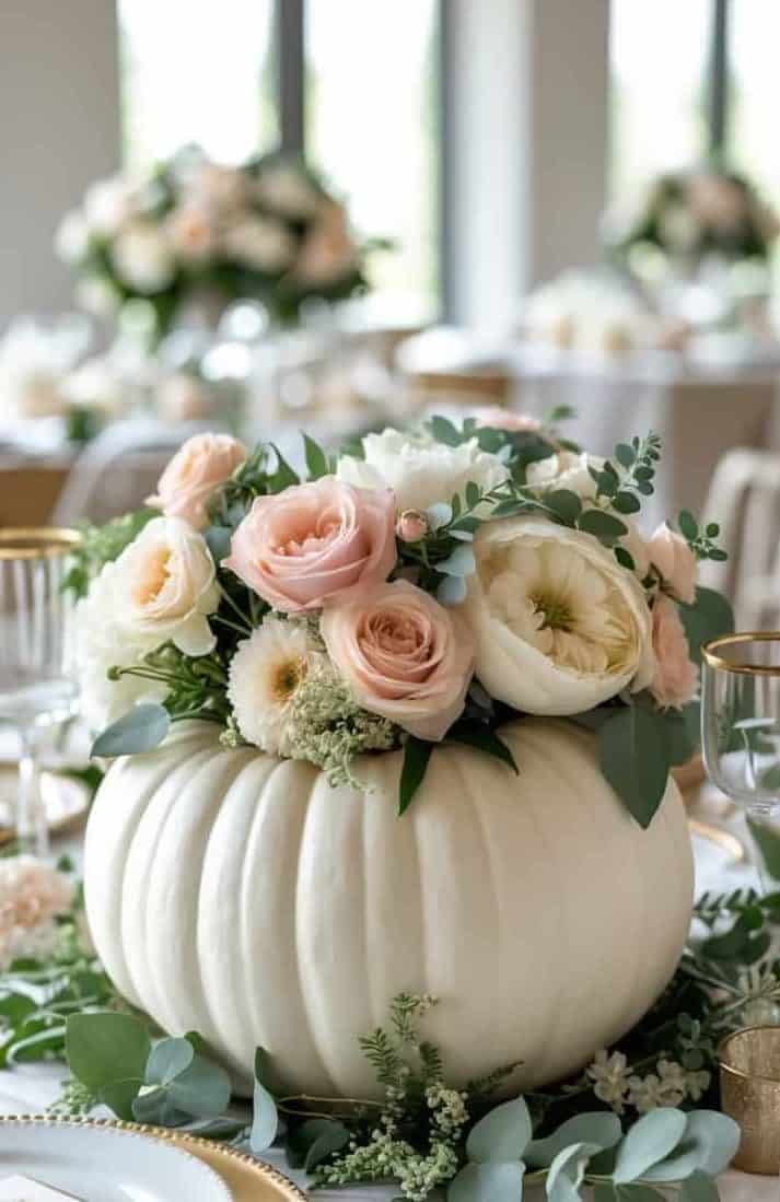 A white pumpkin serves as a vase for a floral arrangement of blush and white roses and greenery, placed on an elegantly set dining table.