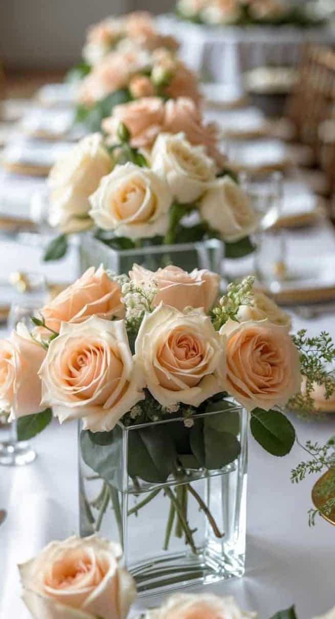 A table set for an event features square glass vases filled with peach and cream roses, surrounded by arranged place settings and gold-accented plates.