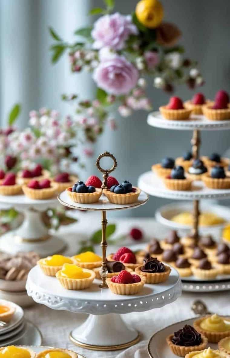 Three-tiered trays display assorted fruit and chocolate tarts on a decorated table with flowers and plates, creating an elegant dessert arrangement.
