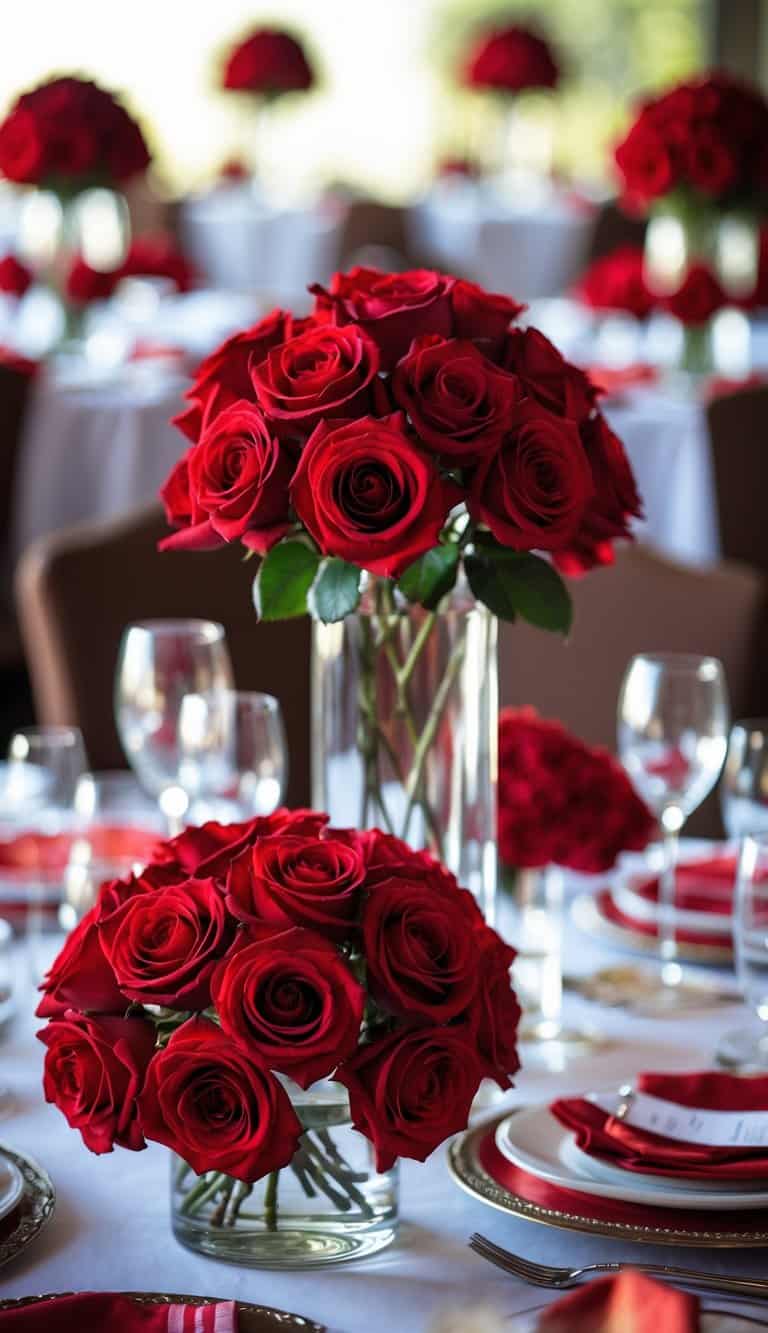 Tables set with clear glass vases holding red rose centerpieces, arranged on red and white decorated tables.