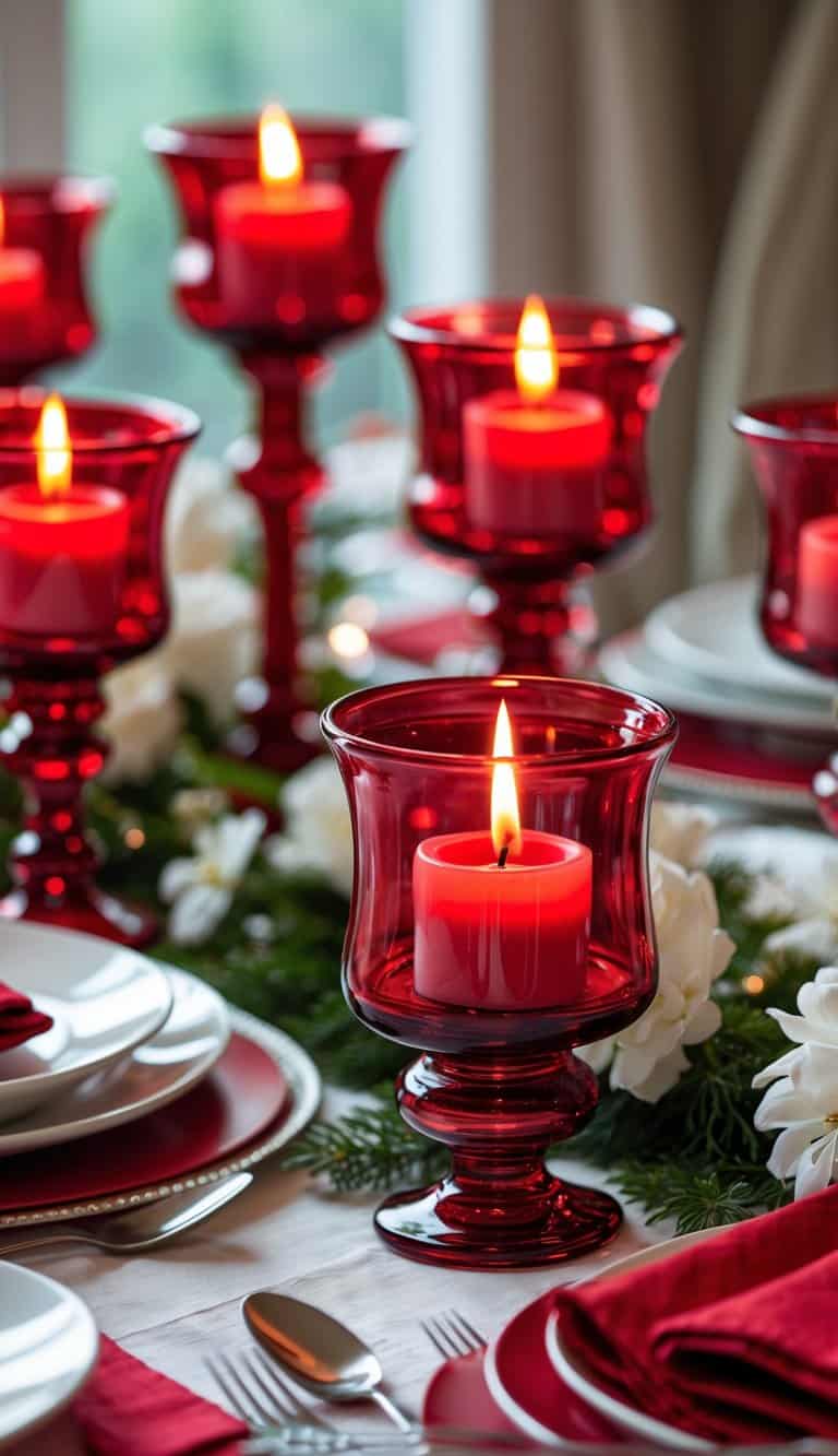 A dining table decorated with red glass votive candle holders, red and white tableware, and lit candles creating a warm and inviting atmosphere.