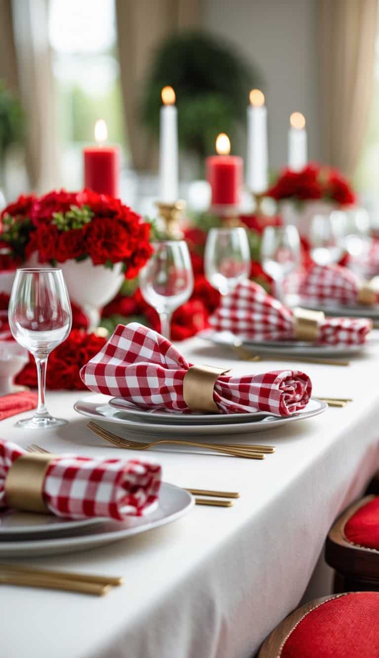 A table set with red and white checkered napkins, white plates, and red and white decorative elements arranged neatly.
