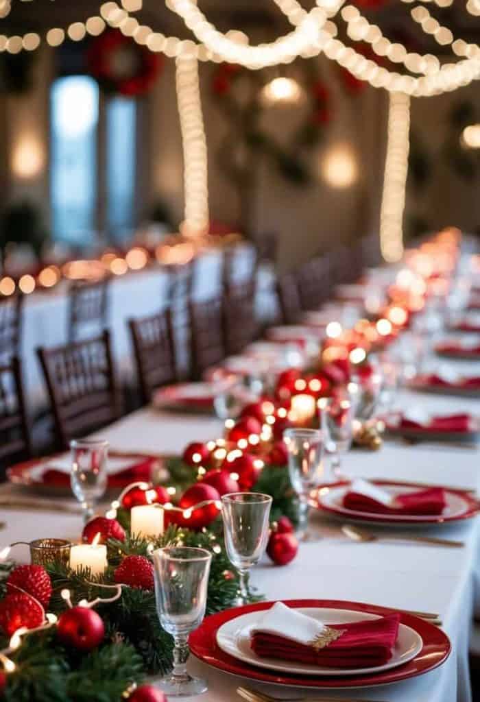 A long dining table is set with red and white plates, gold cutlery, red napkins, and festive garland with ornaments and candles, under string lights.