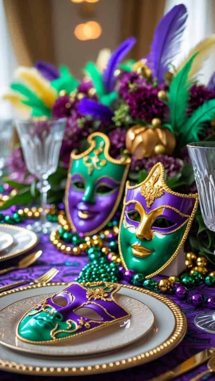 A Mardi Gras-themed table setting with ornate green and purple masks, beaded necklaces, crystal glasses, and a floral centerpiece with feathers.