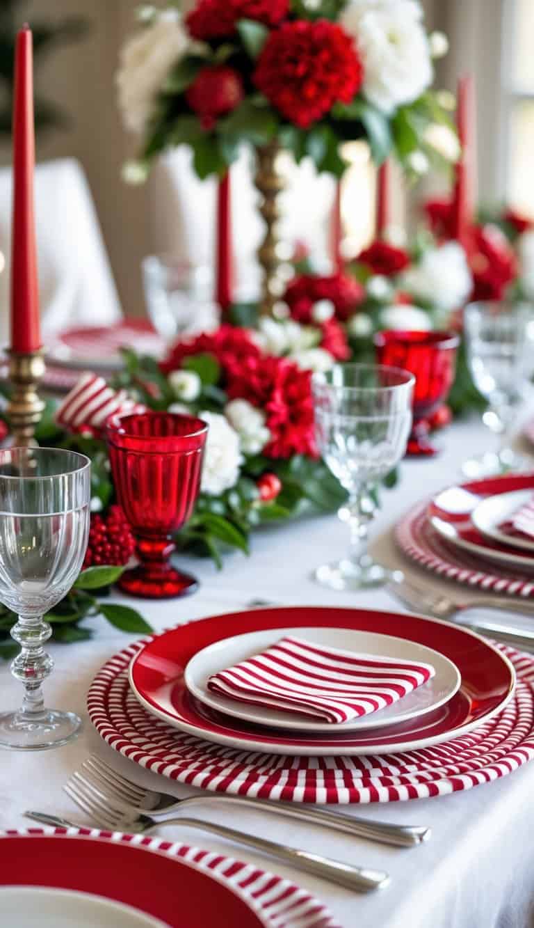 A dining table set with red and white striped chargers and matching red and white tableware arranged for a large gathering.