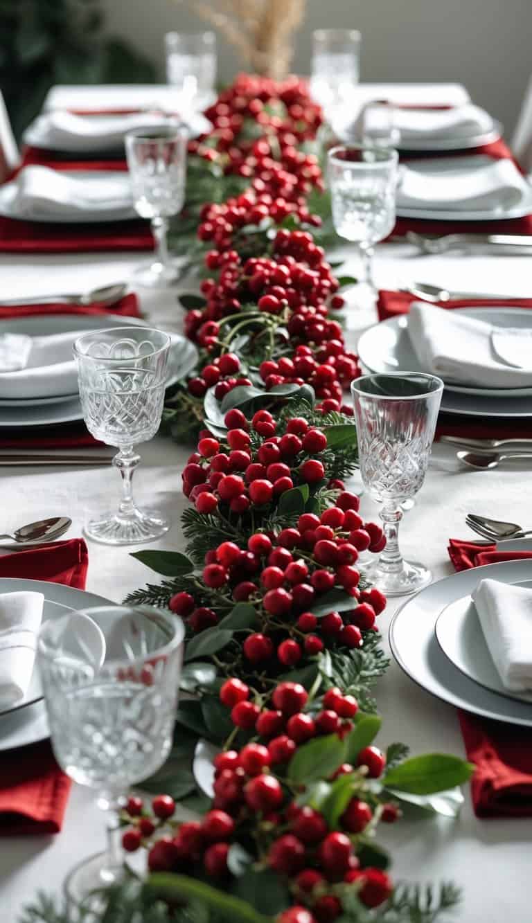 A dining table decorated with red berry garlands running down the center, surrounded by red and white table settings including plates, glasses, and silverware.