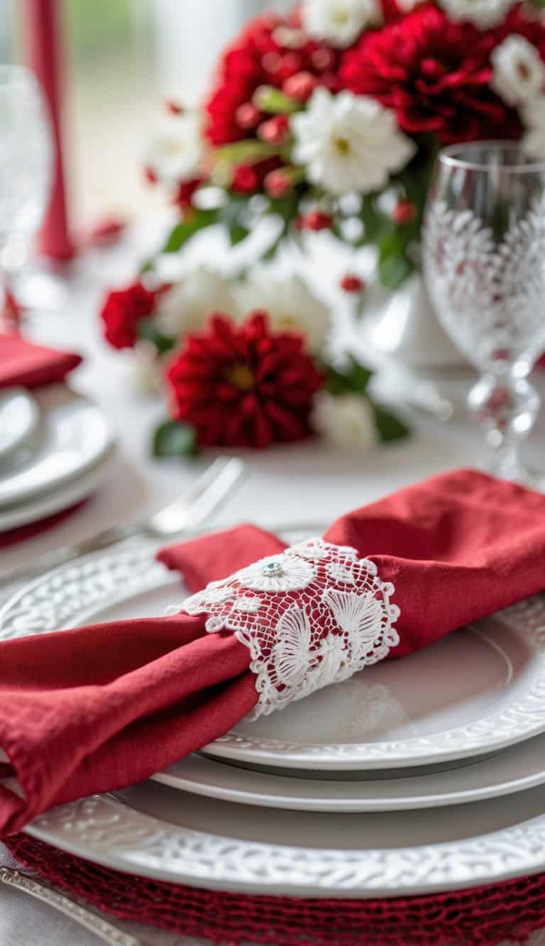 A table set with white lace napkin rings with red accents, red and white napkins, plates, and floral decorations.
