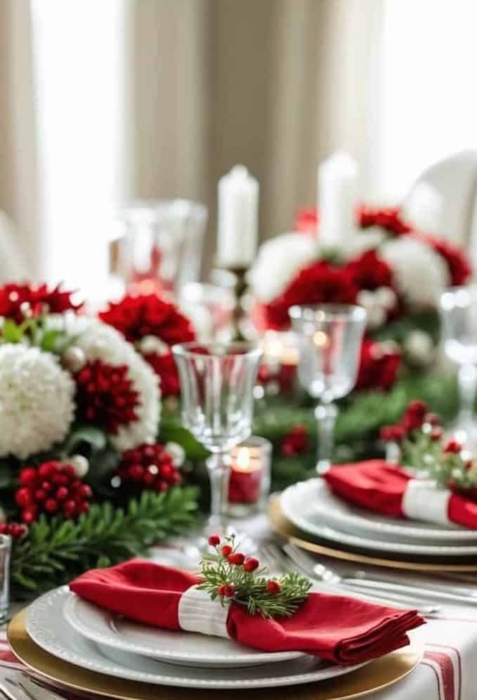 A festive dining table set with red and white napkins, floral centerpieces, candles, glassware, and striped tablecloth, arranged for a holiday meal.