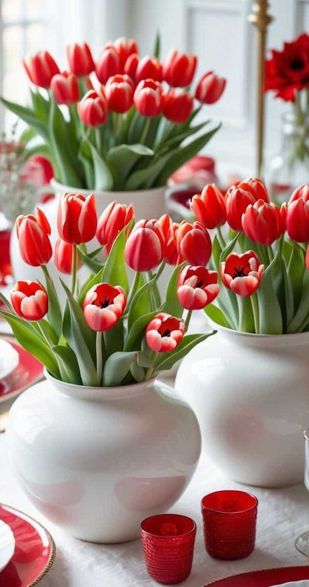 A table set with white and red plates, red glassware, and white vases filled with red tulips, arranged for a festive occasion near a window.