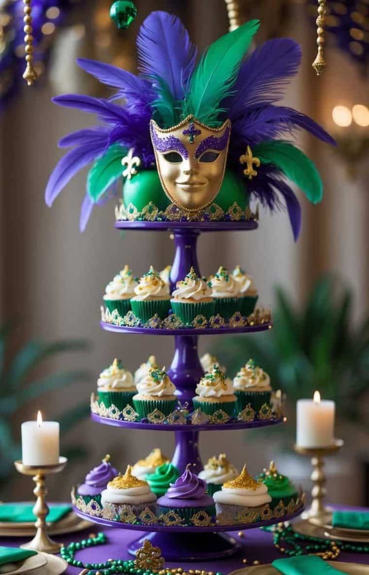 A three-tiered cupcake stand decorated with a gold and purple Mardi Gras mask and feathers, surrounded by candles, beads, and a festive table setting.