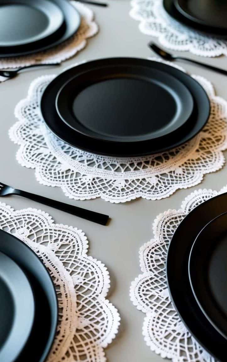 A table set with black plates and cutlery on white lace placemats, arranged neatly for multiple place settings.
