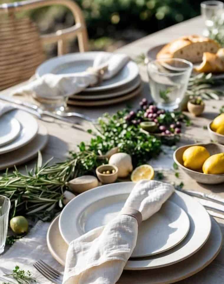 A rustic outdoor table is set with white plates, linen napkins, glassware, fresh herbs, lemons, olives, and bread on a wooden surface.