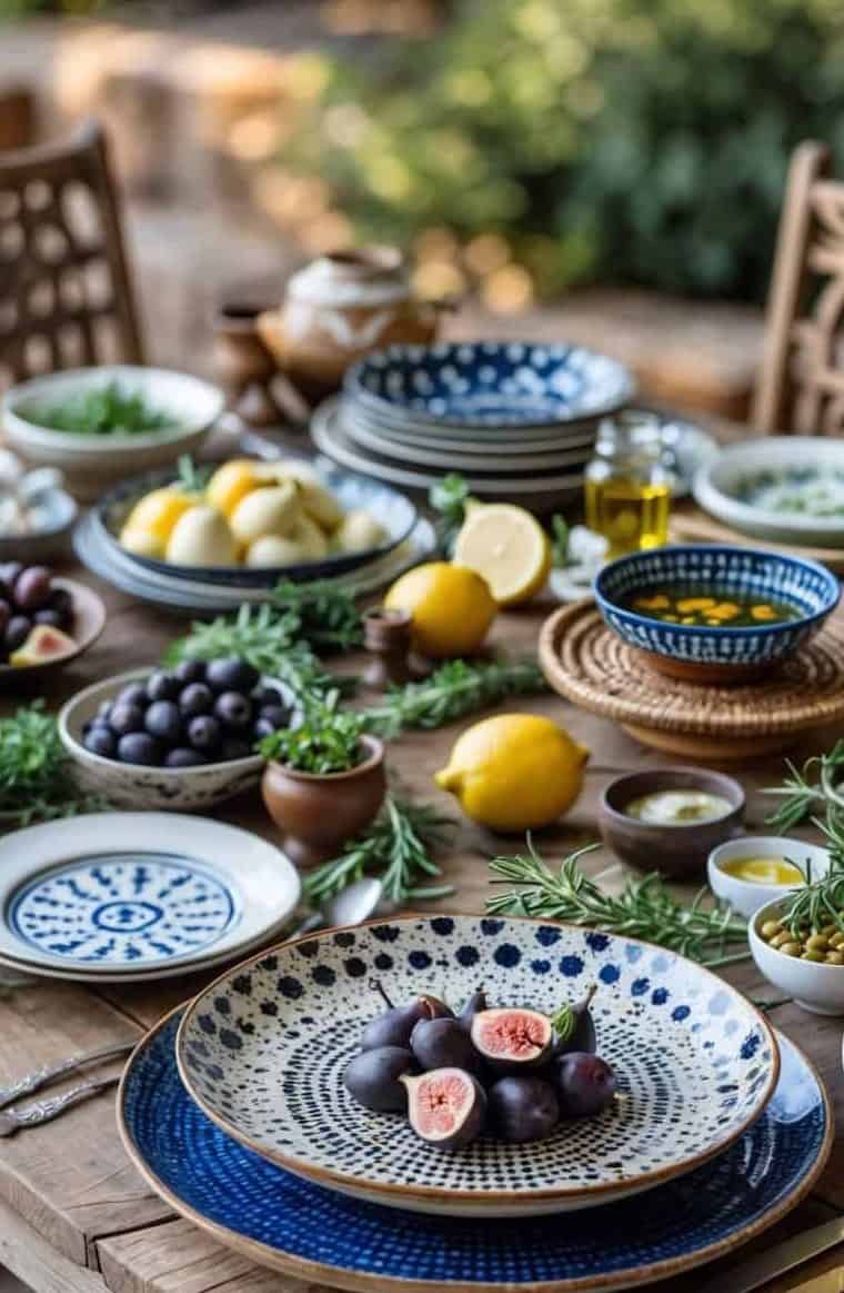 A rustic wooden table set with patterned plates, figs, lemons, olives, herbs, and small bowls of olive oil, ready for a Mediterranean meal outdoors.