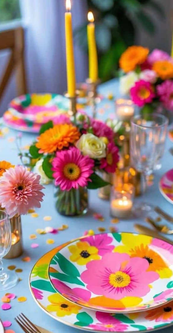 A dining table is set with colorful floral plates, gold cutlery, glassware, candles, and flower centerpieces on a blue tablecloth. Confetti is scattered on the table.
