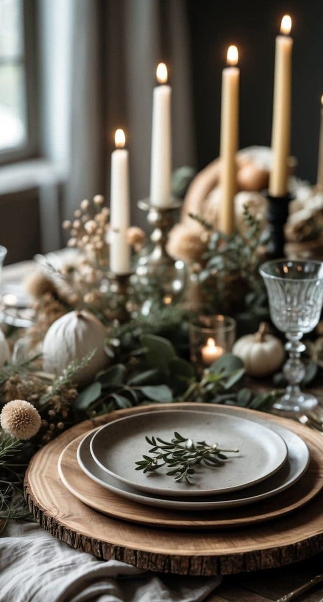 A rustic dining table set with stacked plates, gold cutlery, and a sprig of greenery, surrounded by candles and autumn-inspired decorations.
