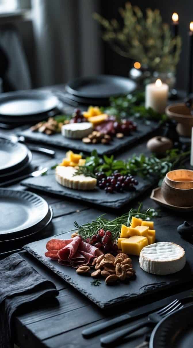 A dark table set with black plates and slate platters holding cheese, cured meats, nuts, grapes, and mango; lit by candles and decorated with greenery.