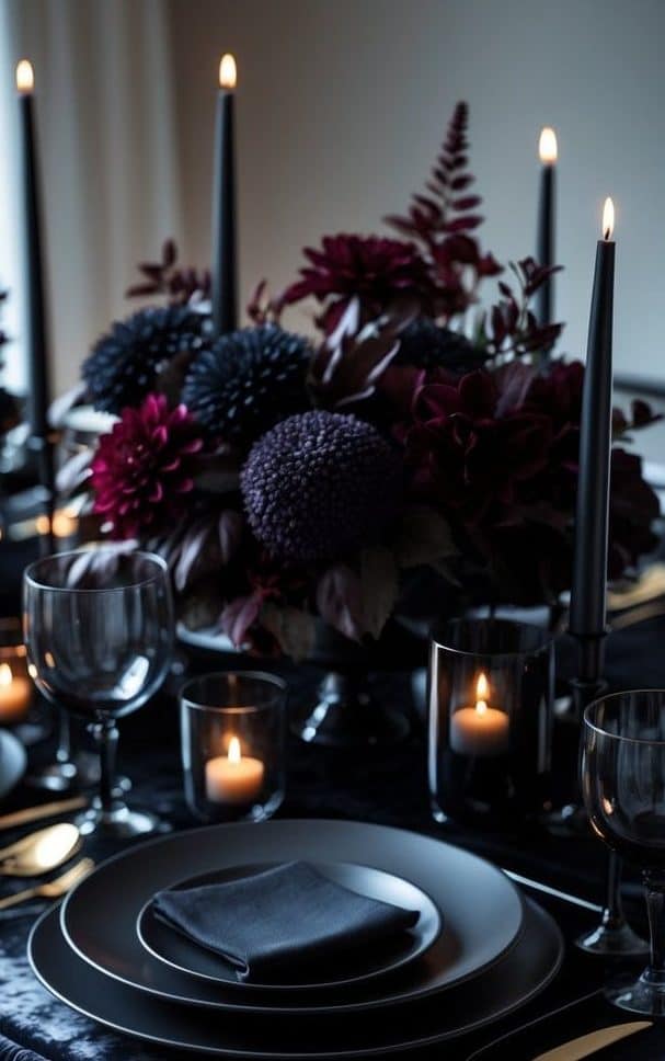 A formal dining table set with black plates, gold cutlery, folded napkins, black candles, glassware, and dark floral centerpieces, creating an elegant and moody atmosphere.