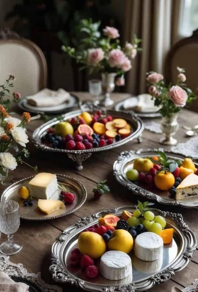 A wooden table set with silver trays holding assorted cheeses and fresh fruits, surrounded by elegant place settings and vases of flowers.