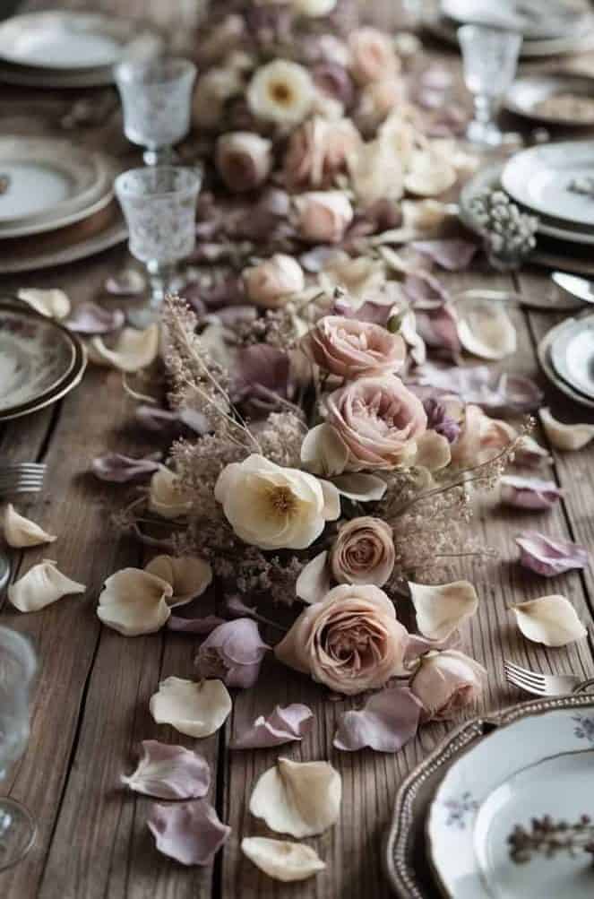A rustic wooden table set with plates, crystal glasses, and a centerpiece of pink and cream flowers and petals.