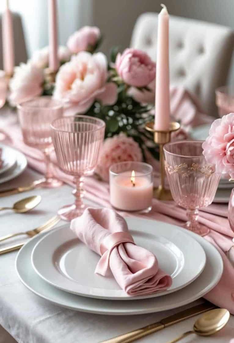 Elegant table setting with white plates, gold cutlery, pink napkins, pink glassware, candles, and pink flower centerpiece on a light tablecloth.