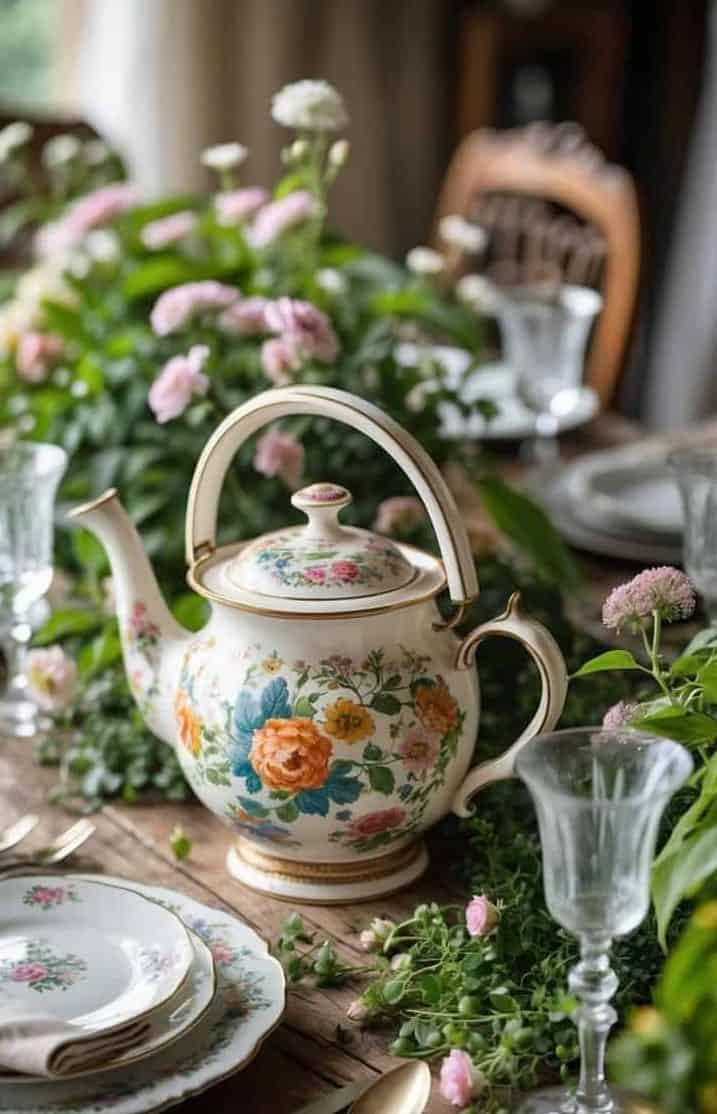 Floral teapot and matching plates on a wooden table set for tea, surrounded by glassware, utensils, and green plants with pink flowers.