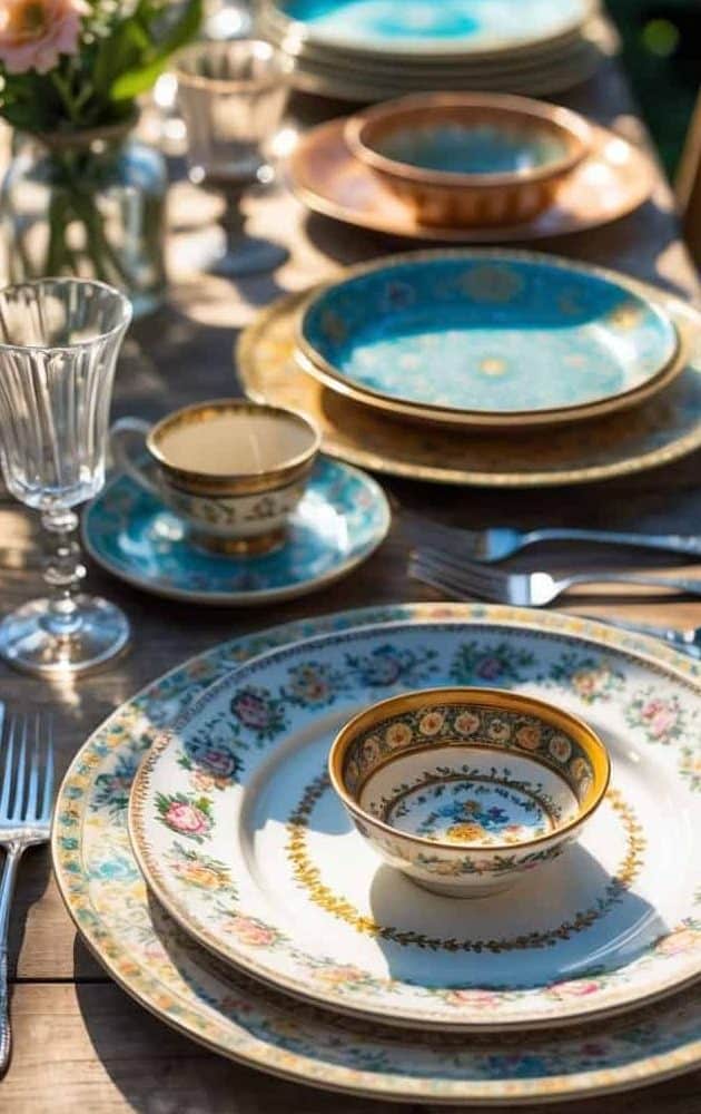 A wooden table set with colorful, patterned vintage china, glassware, and cutlery, decorated with a small vase of flowers in natural light.