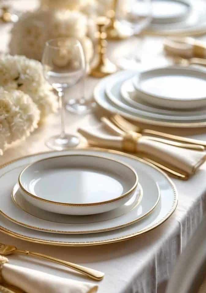 Elegant table setting with white dishes and gold trim, gold flatware, beige napkins with gold rings, wine glasses, and white floral centerpieces on a cream tablecloth.