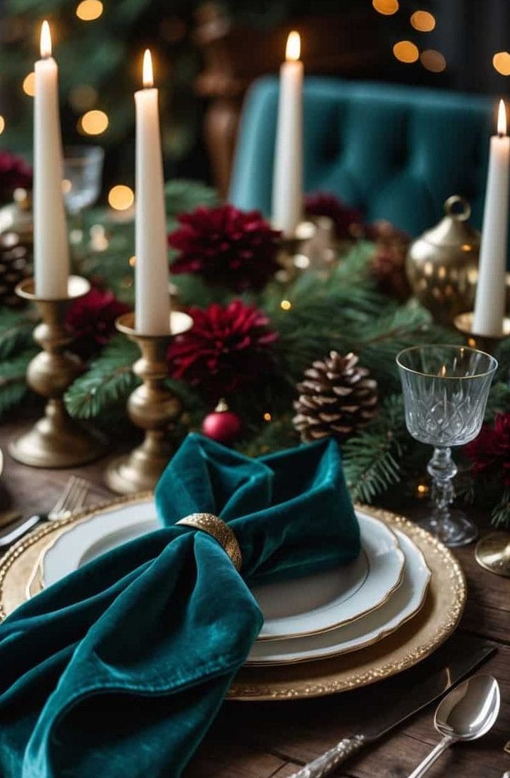 A holiday-themed dining table set with gold-rimmed plates, teal napkin, candles, pine cones, red flowers, and greenery.