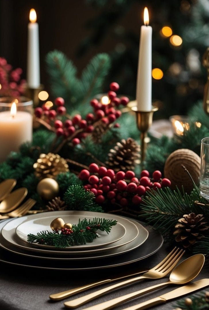 A festive table setting with black plates, gold cutlery, evergreen branches, red berries, pine cones, and lit candles on a dark tablecloth.