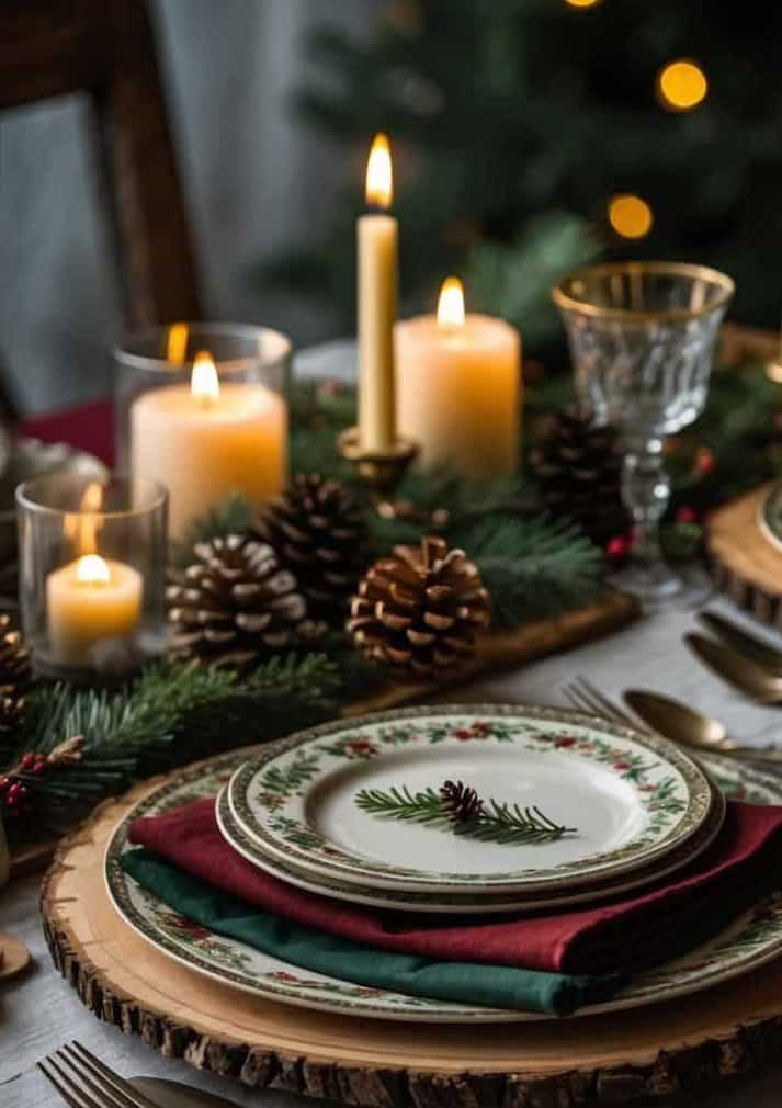 A festive holiday table setting with pinecones, candles, and evergreen branches, featuring stacked plates, a red napkin, and decorative cutlery on a wood slice charger.