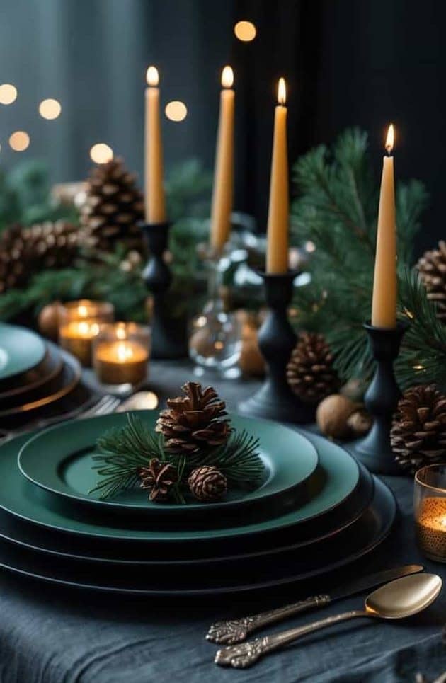 A festive table setting with dark green plates, gold cutlery, pinecones, candles, and greenery, against a backdrop of string lights.