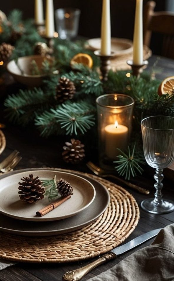 A dining table set with neutral plates, woven placemats, candles, pinecones, and greenery, creating a festive, rustic holiday atmosphere.