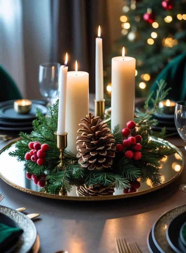 A festive holiday table centerpiece with three lit candles, pine branches, red berries, and a pine cone on a mirrored tray; a decorated Christmas tree is in the background.